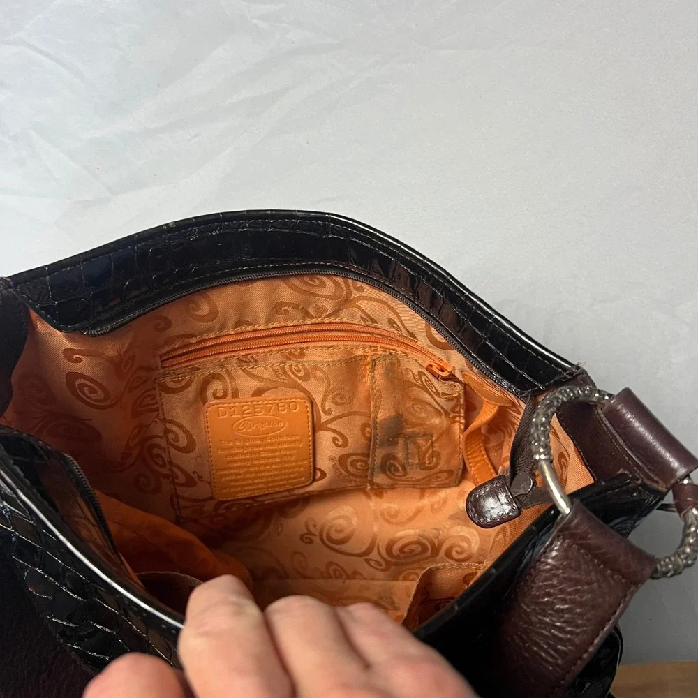Brighton Croc Cher Embossed Shoulder Bag Brown Faux Leather Silver‎ Detail Hobo